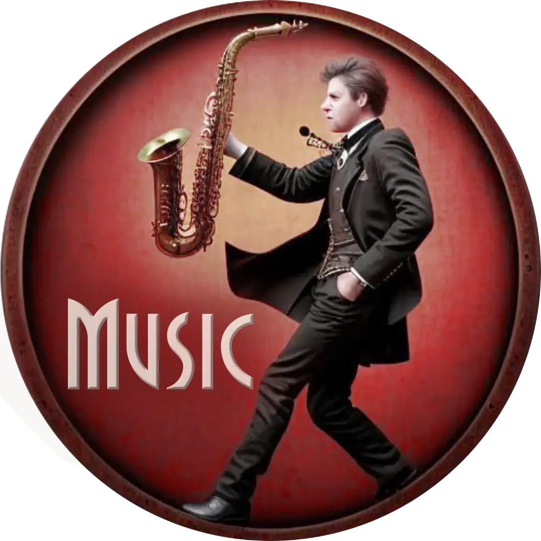Logo Musik, zeigt Steampunk-Mann mit Saxophon