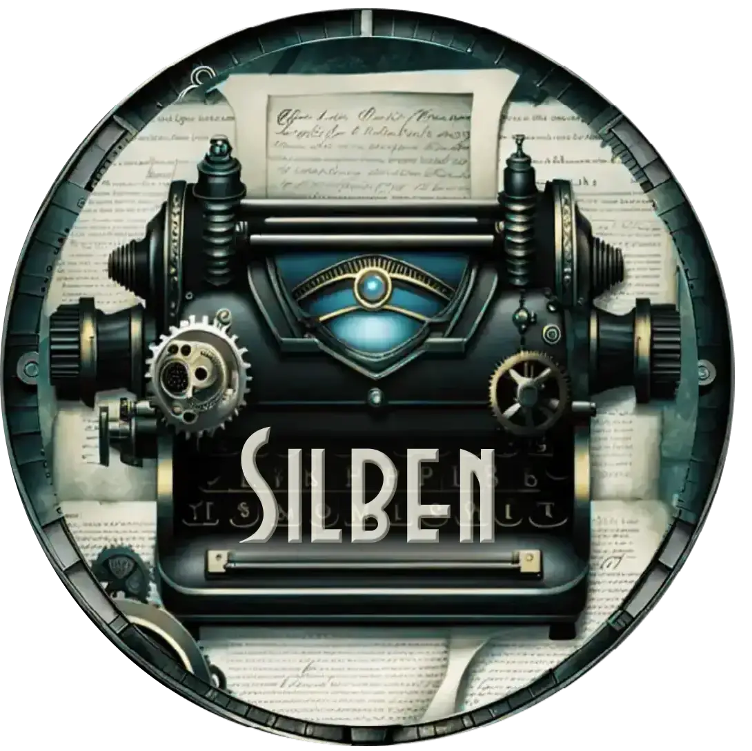 Logo Texte,zeigt eine Schreibmaschine im Steampunkstil