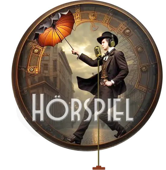 Logo hörspiel, zeigt einen Mann mit Regenschirm im Steampunklook