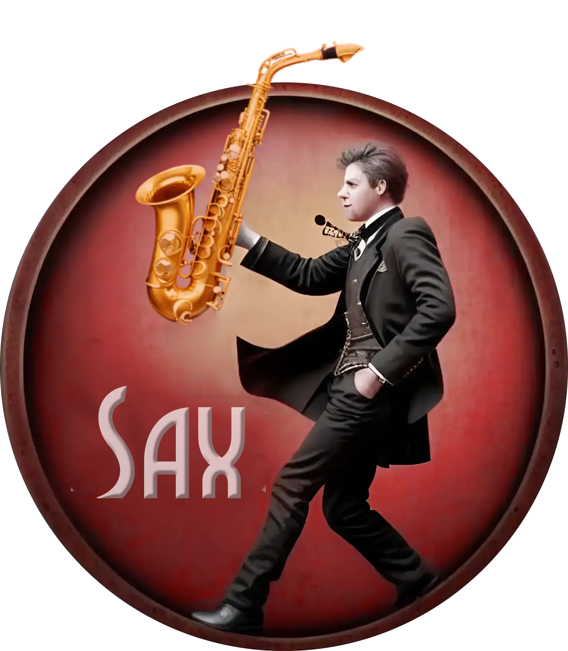 Logo Musik, zeigt einen Mann mit Saxophon im Steampunklook